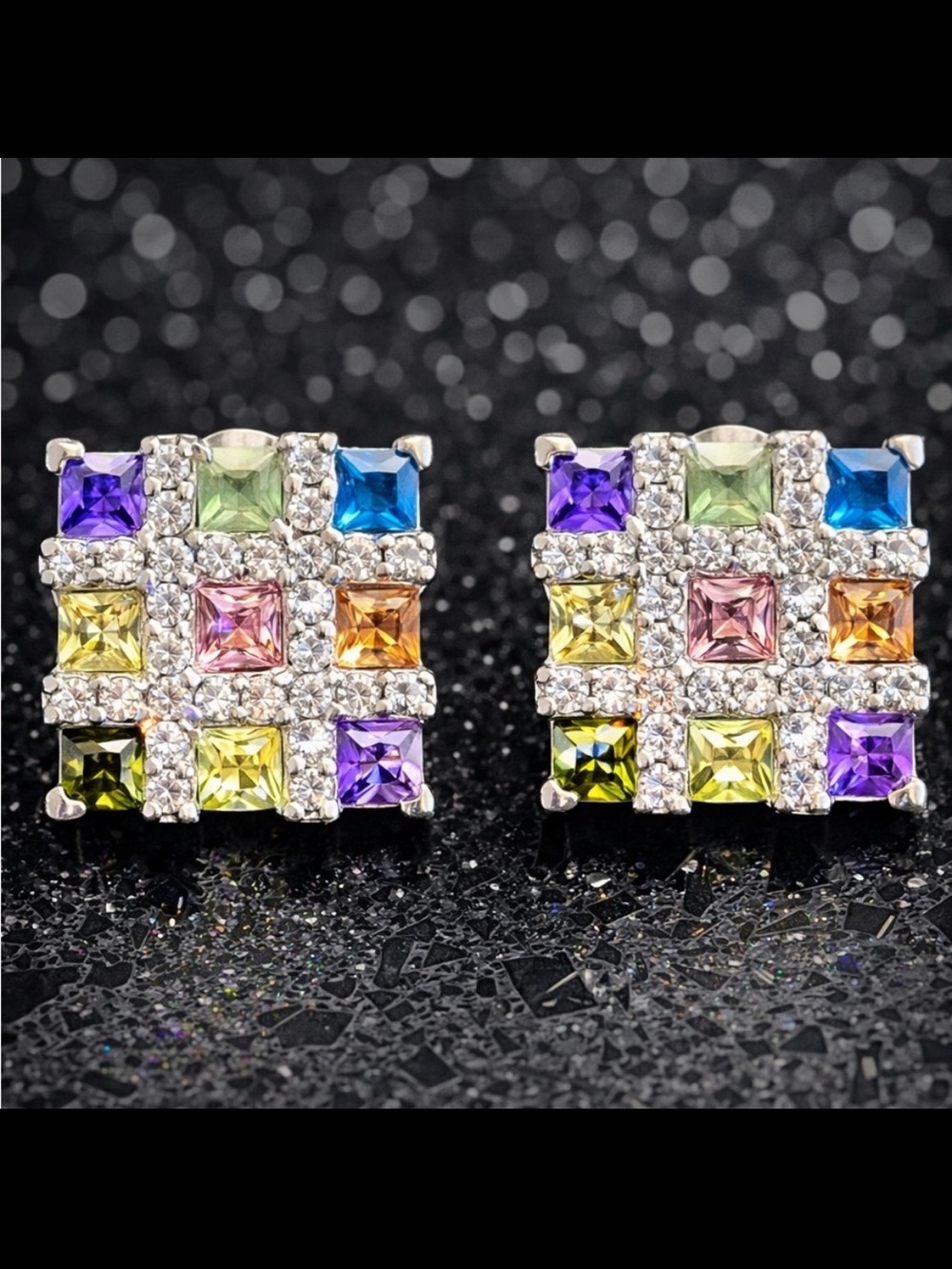 Suzanne Somers vintage princess cut pave set pink purple blue stud earrings HSN